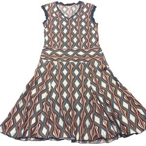 Kuhle | Women L | Geometric Print | V-Neck Midi Dress | Teal Brown | Sleeveless
